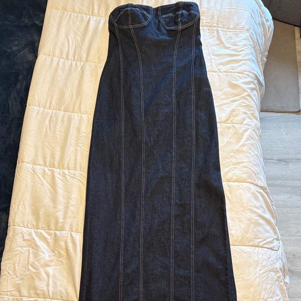 GREY LAB Black Strapless Denim Dress